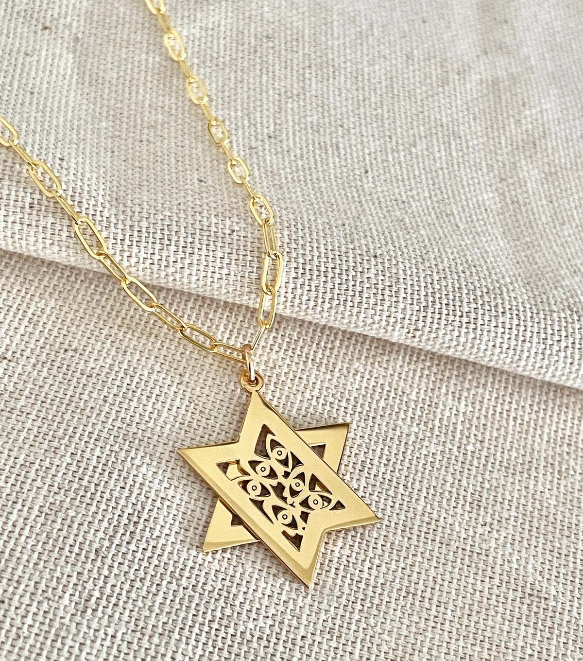 Close-up of movable Magen David necklace pendant