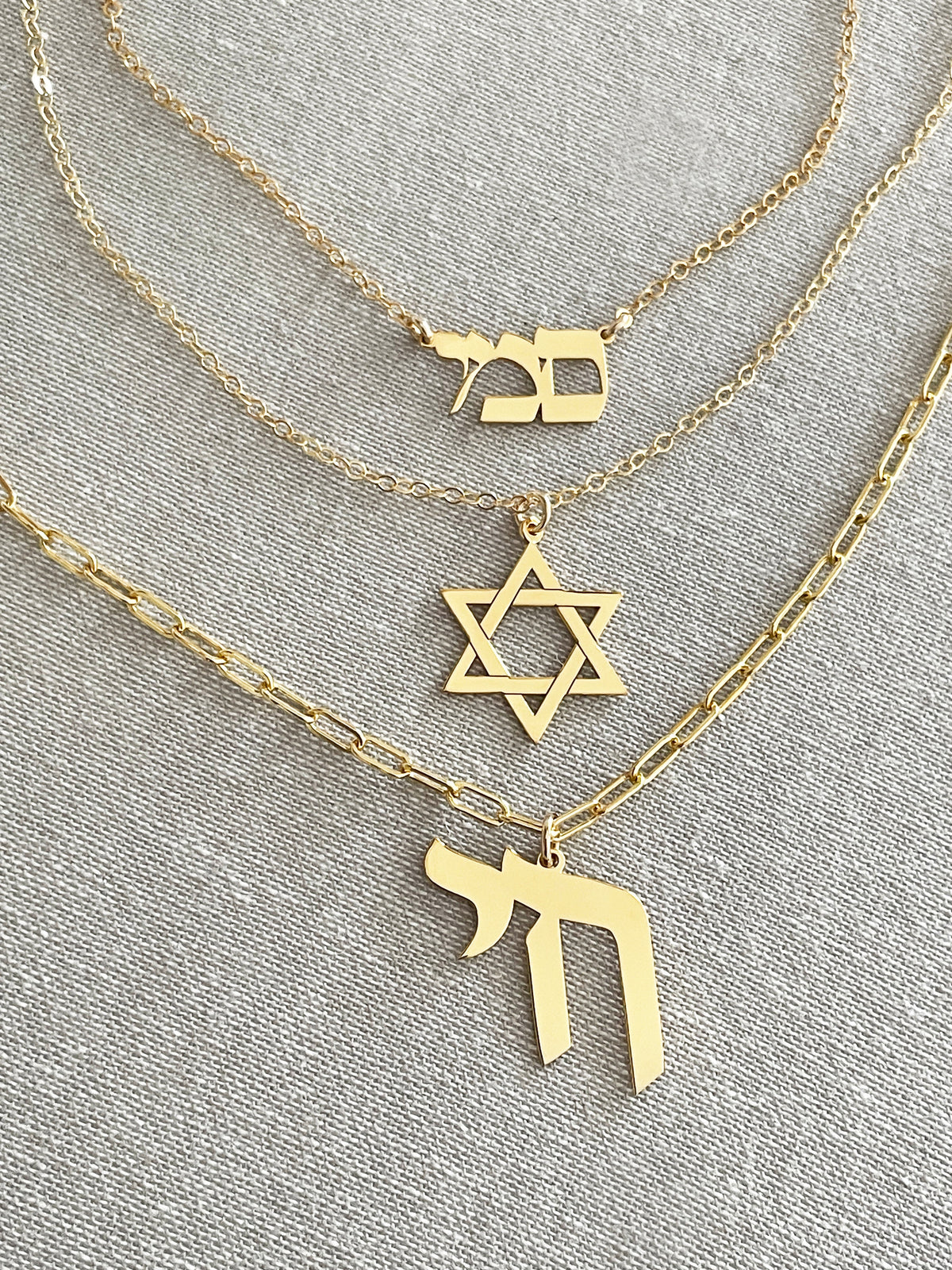Close-up of Chai pendant on paperclip chain