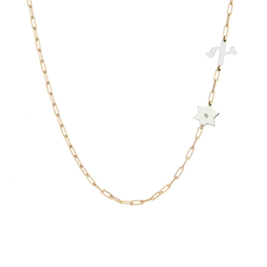 Close-up of personalized diamond Star of David necklace