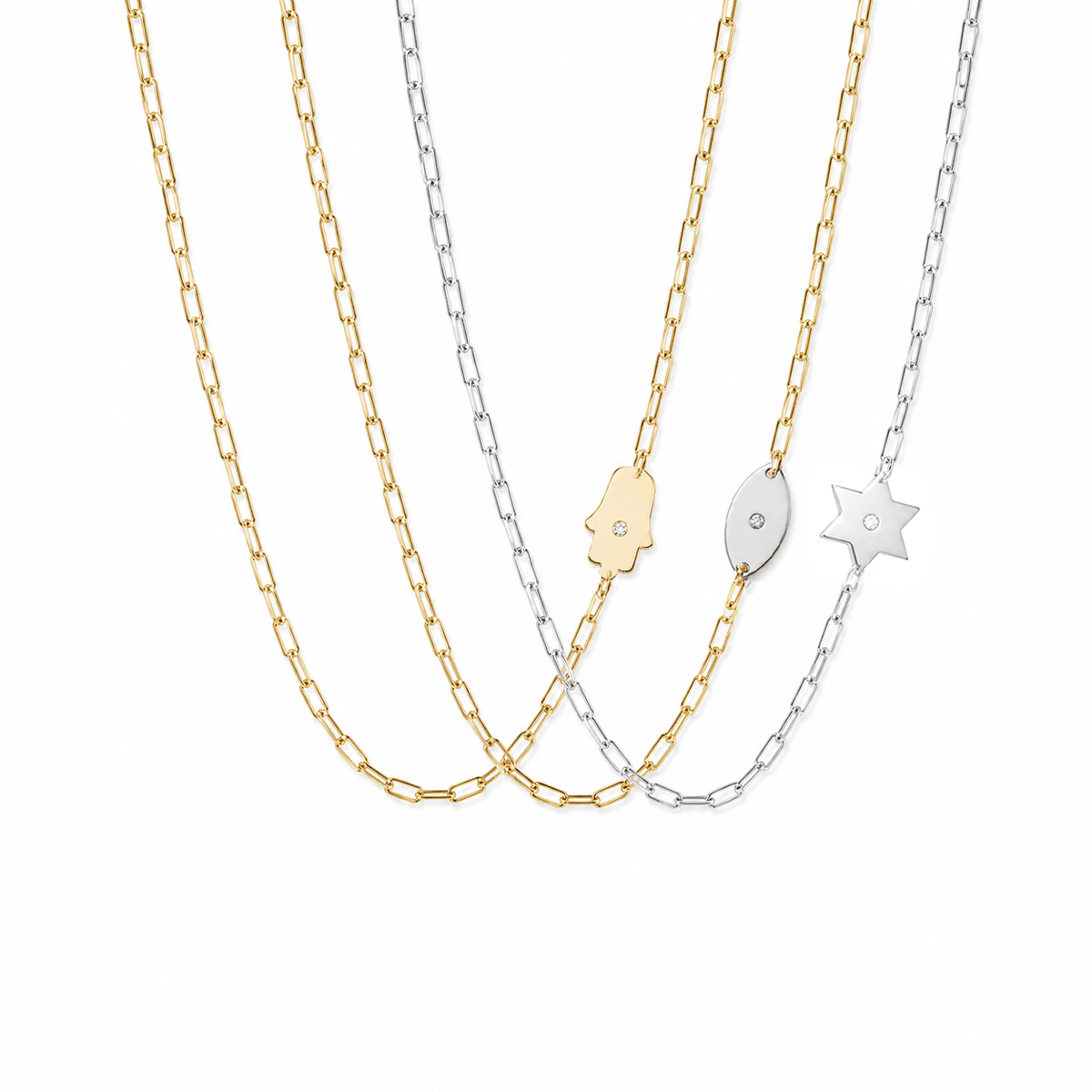 Dani Symbols diamond paperclip necklace with Evil Eye Star of David and Hamsa charms