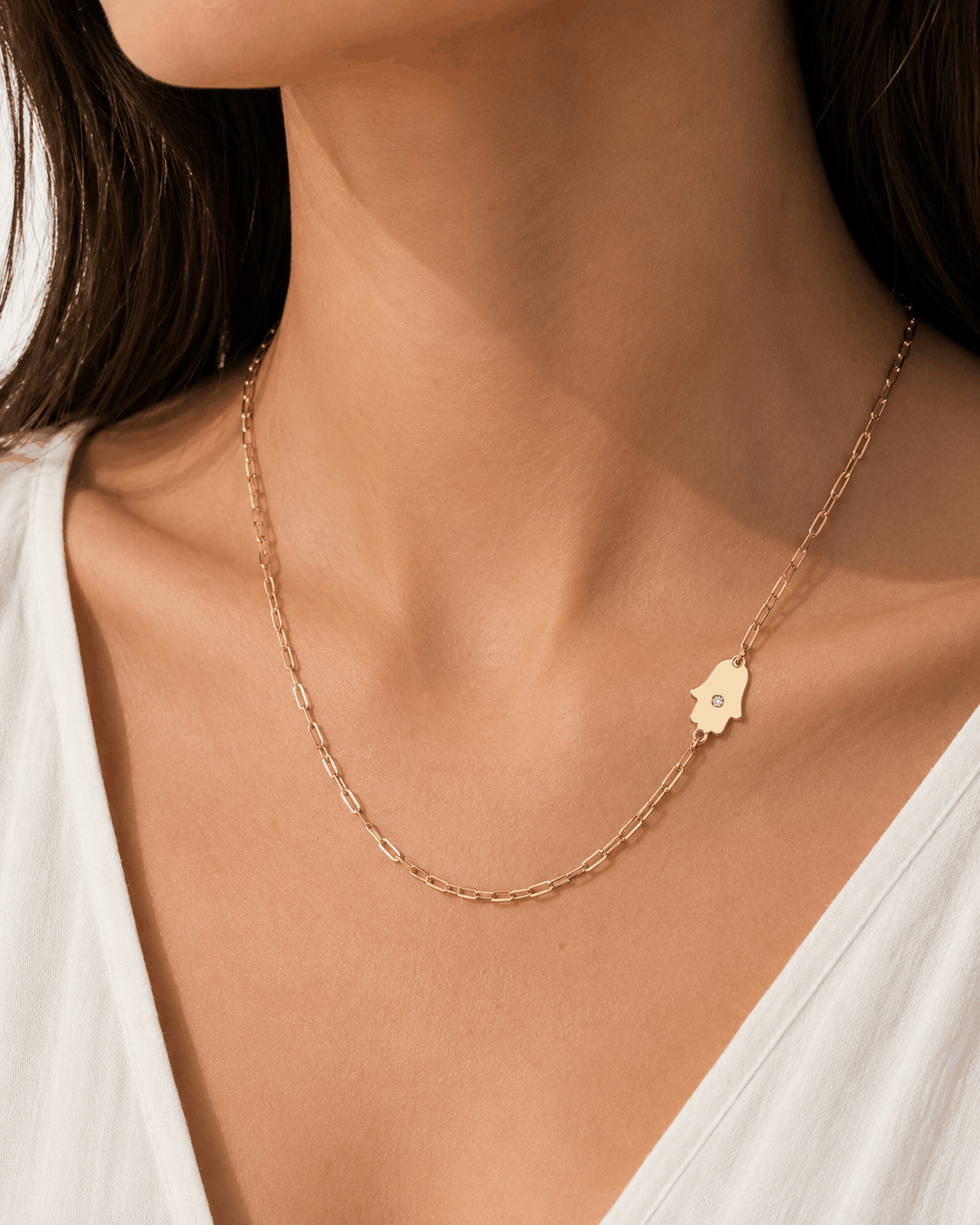 Dani Symbols diamond paperclip necklace with Evil Eye, Star of David, and Hamsa charms