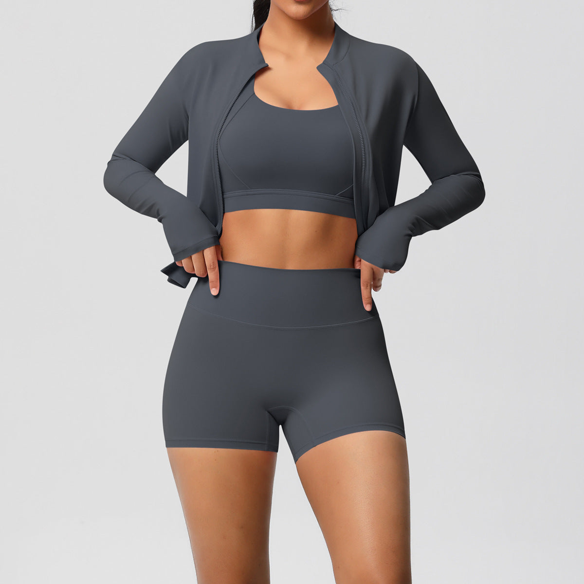 Solid Color Cloud Sense Yoga Bra Sports Coat Pilates Running Shorts Fitness Yoga Wear Three Piece Set for Women (Copy)