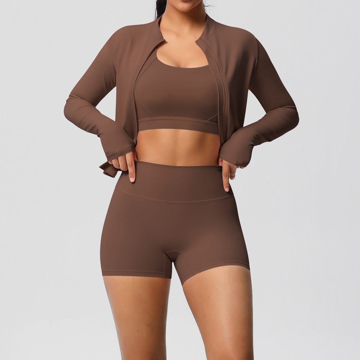 Solid Color Cloud Sense Yoga Bra Sports Coat Pilates Running Shorts Fitness Yoga Wear Three Piece Set for Women (Copy)