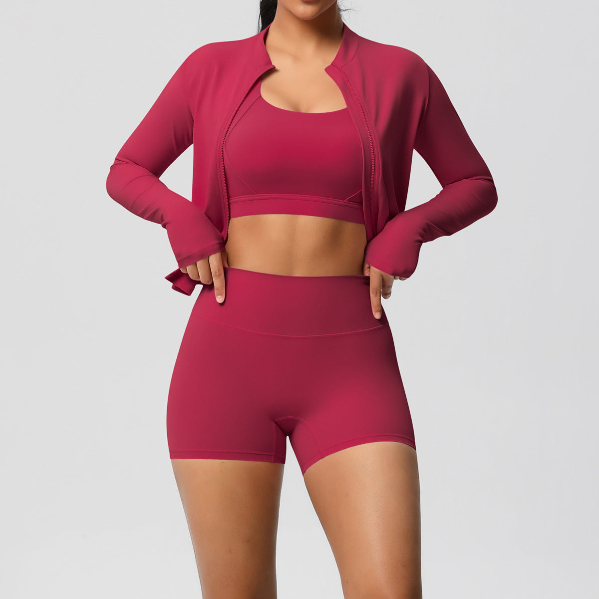 Solid Color Cloud Sense Yoga Bra Sports Coat Pilates Running Shorts Fitness Yoga Wear Three Piece Set for Women (Copy)