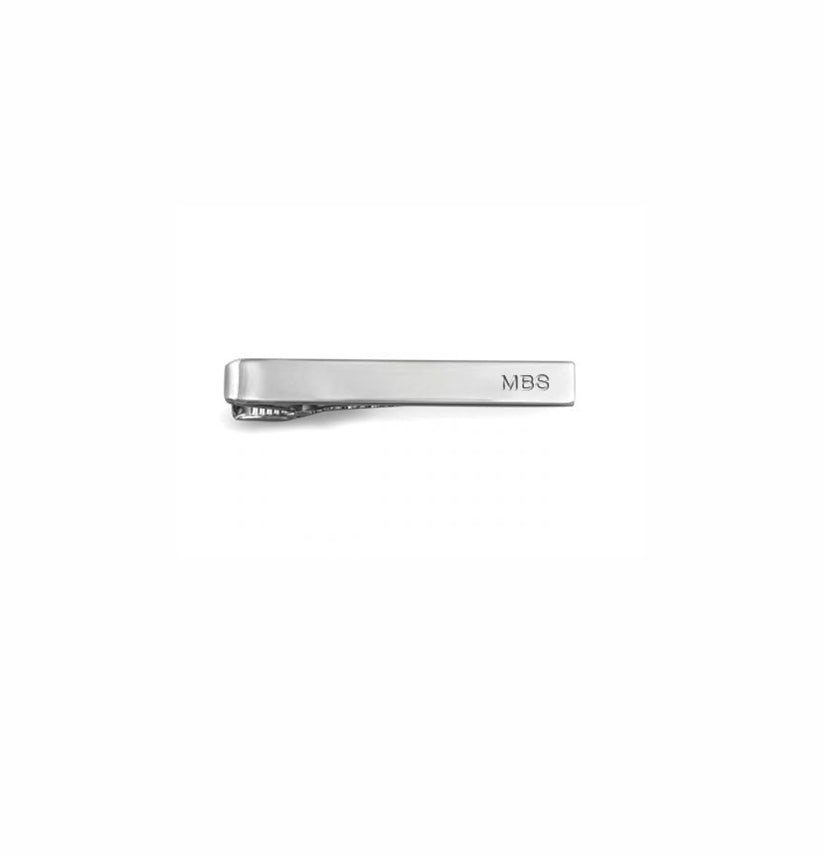 Personalized silver tie bar engraved with initials MBS