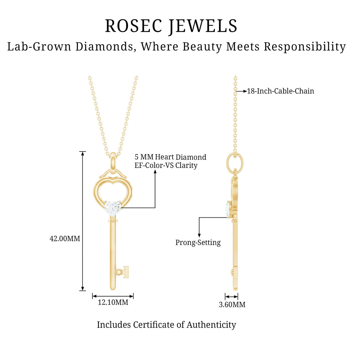 Heart Key Pendant Necklace with Lab Grown Diamond