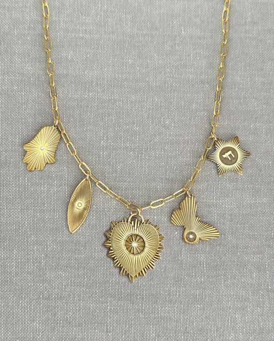 Vesta Heart Five Charm Initial Necklace
