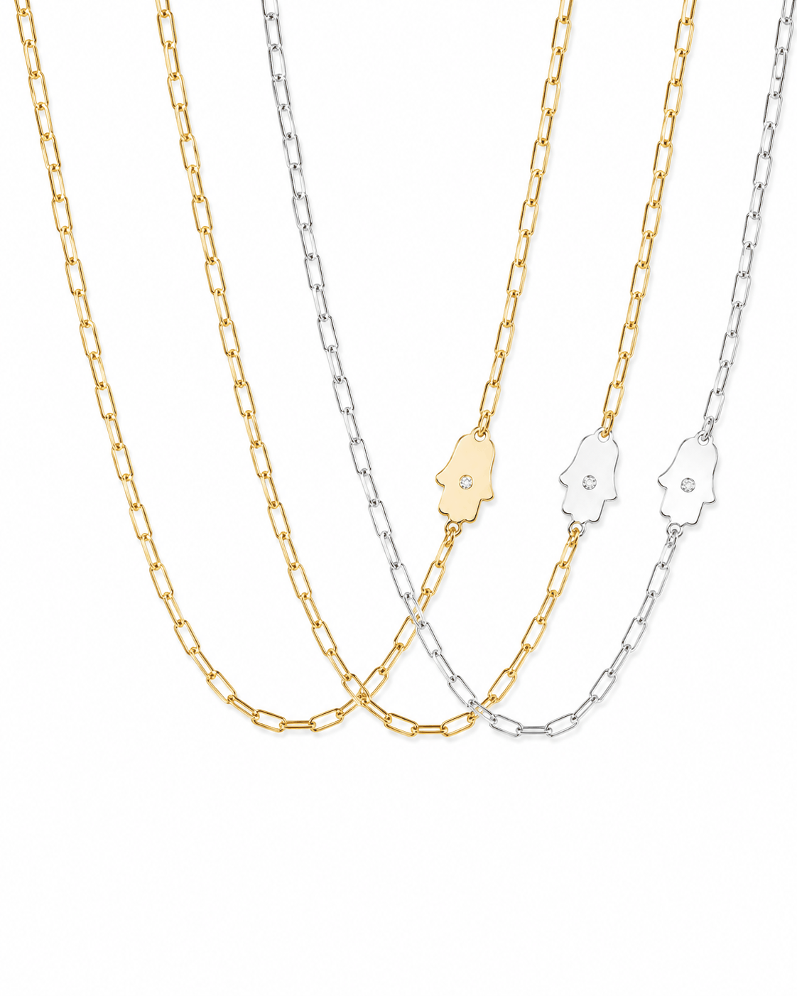 Dani Symbols diamond paperclip necklace with Evil Eye, Star of David, and Hamsa charms